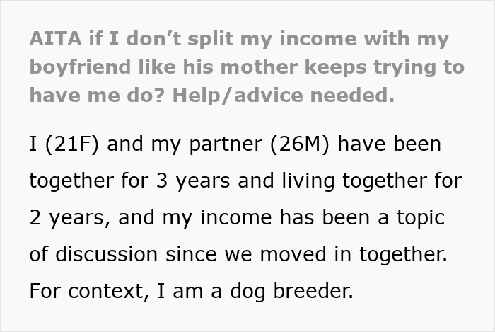 Text post discussing an entitled mother who demands expenses be split between son and girlfriend.