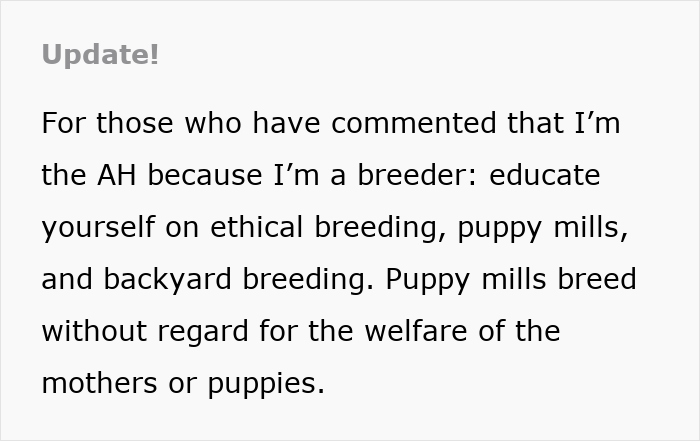 Text update explaining ethical breeding, puppy mills, and backyard breeding to clarify a mother-son-girlfriend expense split dispute.