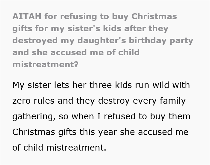 Text post about refusing to buy Christmas gifts for unruly niblings and facing backlash from an angry sister.