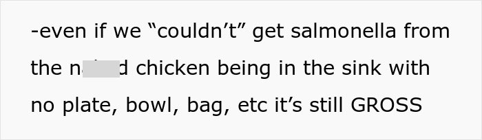 Text discussing concerns about chicken preparation and the risk of salmonella contamination in kitchen hygiene.
