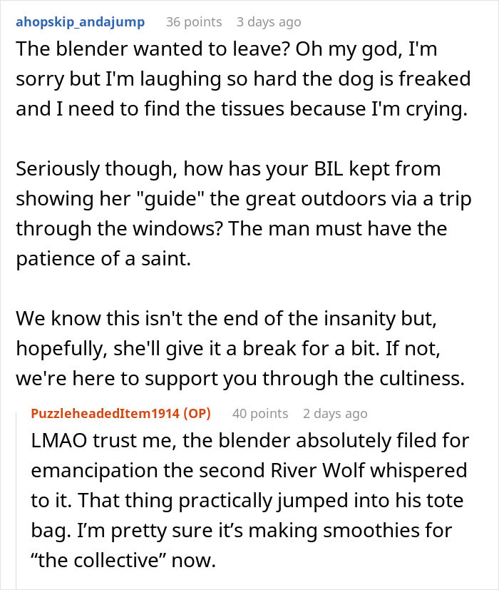 Screenshot of a Reddit conversation about a barefoot spiritual advisor causing comical chaos at Thanksgiving dinner.