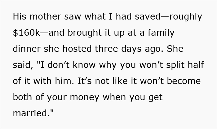 Text discussing an entitled mother asking to split expenses with her son&rsquo;s girlfriend after seeing saved money.