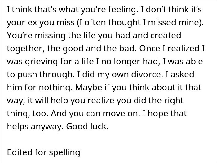 Text excerpt reflecting a woman&rsquo;s reality check and coping after regretting a divorce and moving on.