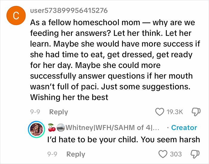 Comment exchange on a viral homeschool clip, sparking debate and raising eyebrows about parenting choices.