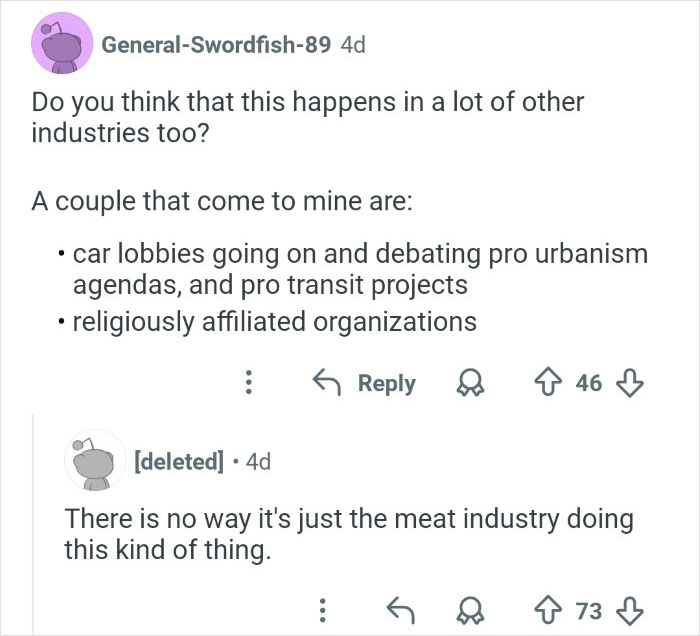 Reddit conversation discussing industry lobbying and discrediting veganism by meat industry insiders online.