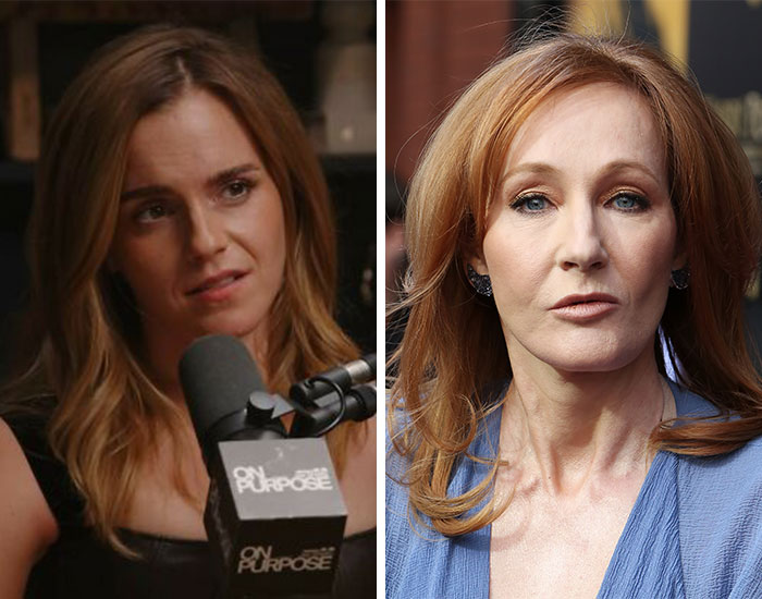 Two women in separate frames, one speaking into a microphone, representing celebrity scandals and fighting to save the marriage.
