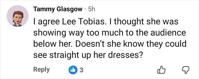 Social media comment criticizing Gwen Stefani's inappropriate outfit for Rockefeller tree lighting event.