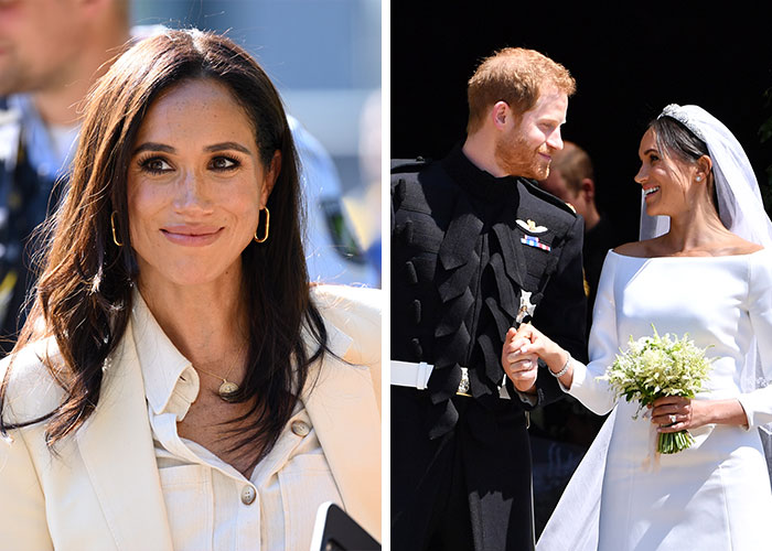 Meghan Markle smiling in casual attire and wedding photo with Prince Harry, highlighting celebrities who changed their names.