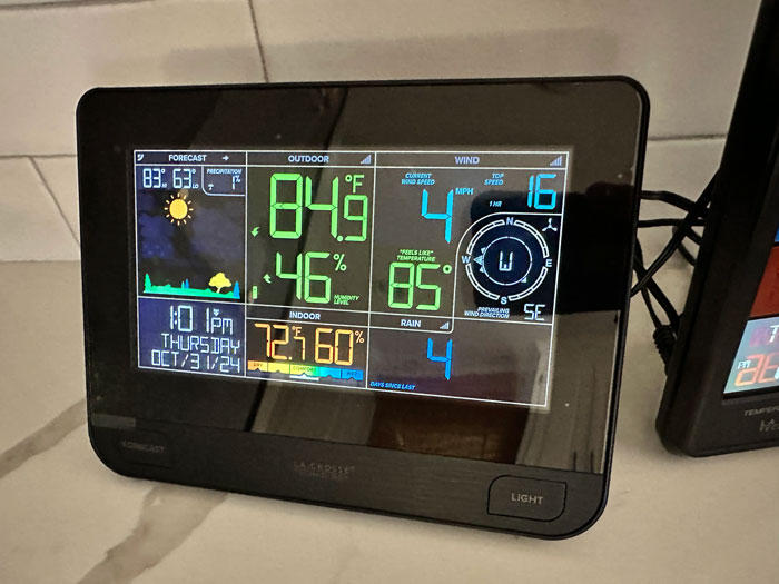 Digital weather station white elephant gift showing temperature, humidity, wind speed, and forecast on color display.