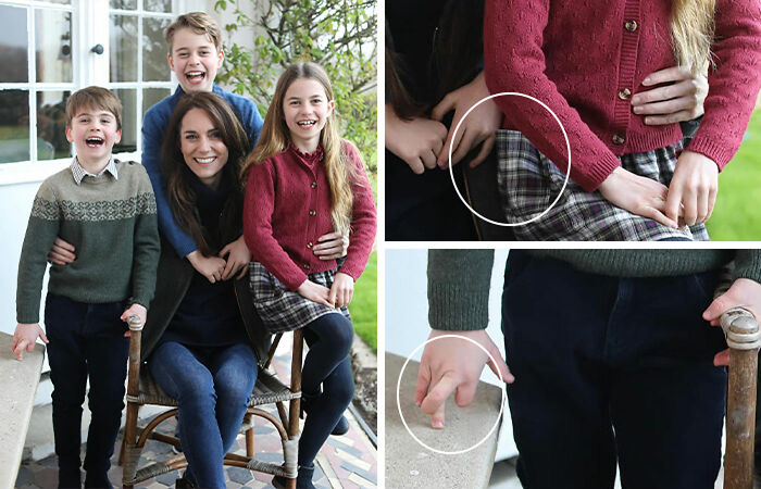 Family photo with bizarre details highlighted in celebrities' photos showing unusual hand positions and gestures outdoors.