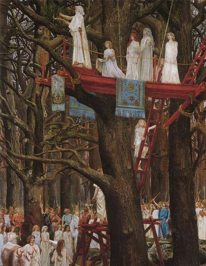 Group of people in white gowns gathered around a treehouse in a forest, capturing culture and everyday life in the past