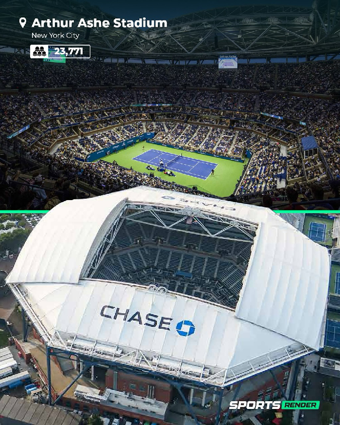 Arthur Ashe Stadium in New York City with a tennis match, showcasing a popular NYC landmark and sports venue.
