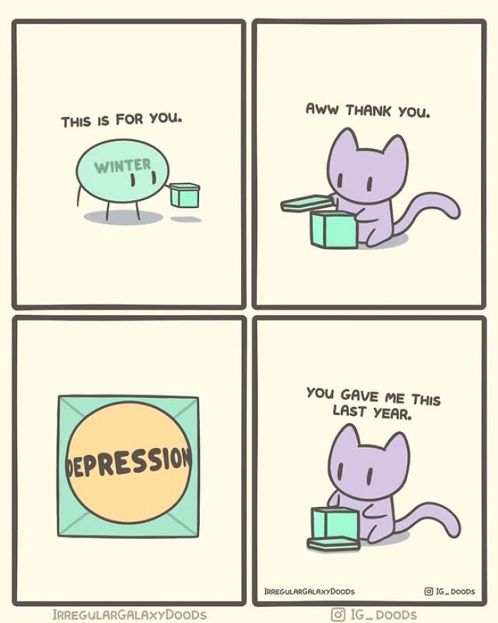 Cute comic by Irregular Galaxy Doods showing a purple cat receiving a winter depression gift box with a humorous twist.