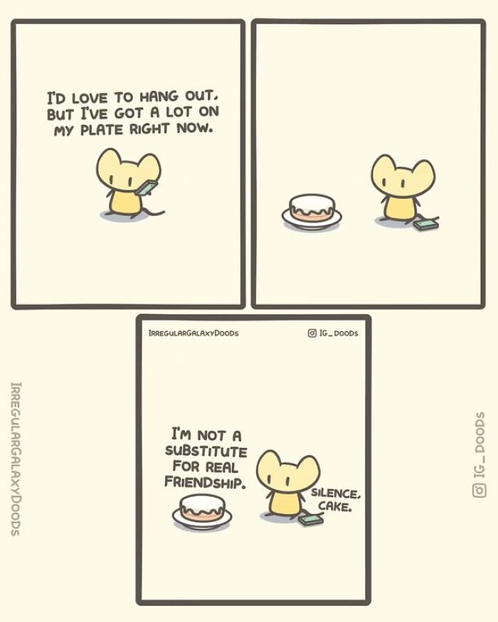 Cute comic featuring a small character with cake, highlighting themes of friendship in Irregular Galaxy Doods style.
