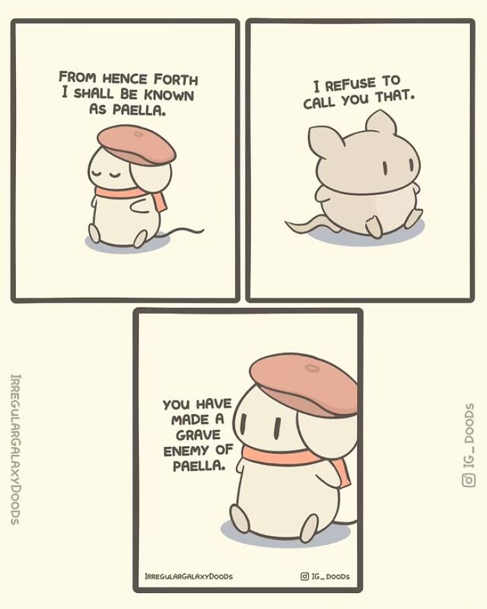 Cute comics by Irregular Galaxy Doods featuring a mouse character refusing a new name with humorous dialogue.