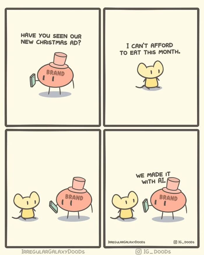 Cute comic by Irregular Galaxy Doods showing a brand character and a small mouse discussing AI-made Christmas ads.