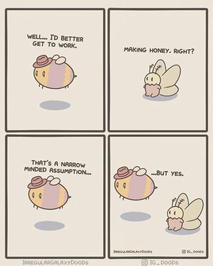 Cute comic panels by Irregular Galaxy Doods featuring a bee with a hat and a winged character making honey humorously.