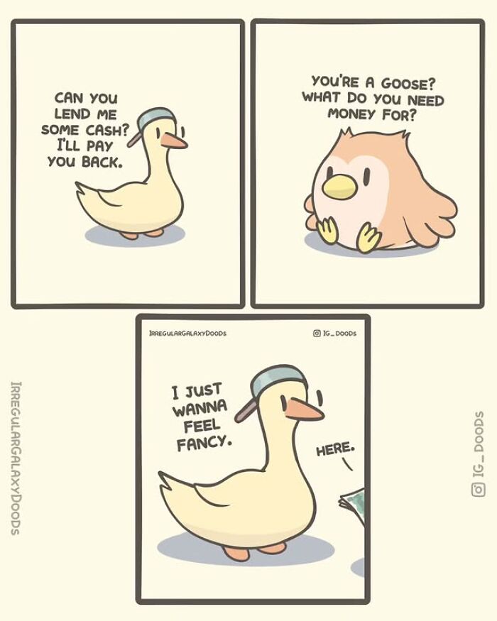 Cute comic featuring a goose and bird asking for cash to feel fancy in wholesome Irregular Galaxy Doods style.