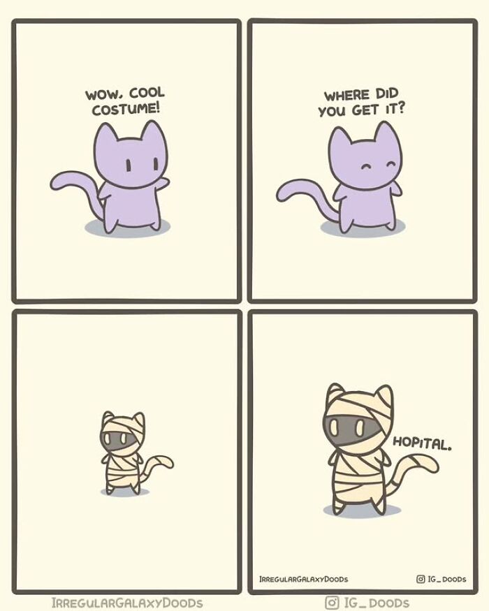 Cute comic strip featuring a purple cat and a mummy cat costume by Irregular Galaxy Doods.