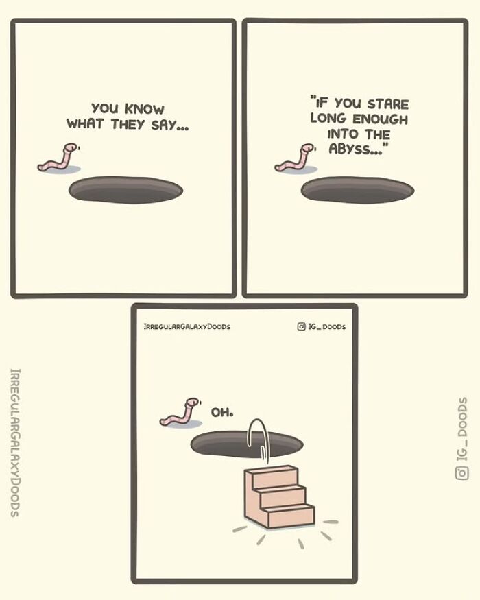 Wholesome and cute comic by Irregular Galaxy Doods featuring a worm discovering stairs in an abyss hole.