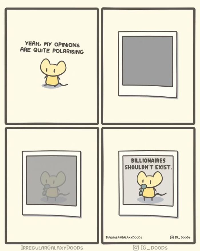 Cute comic by Irregular Galaxy Doods featuring a mouse character sharing polarizing opinions on billionaires with a microphone.