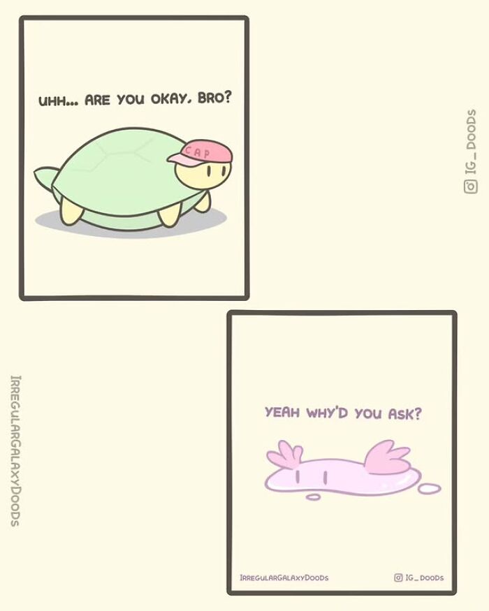 Cute comic by Irregular Galaxy Doods showing a concerned turtle and a sad pink axolotl character.