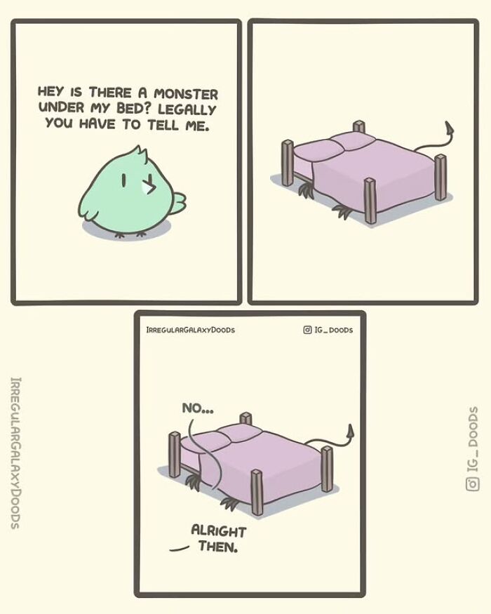 Cute comic by Irregular Galaxy Doods showing a bird asking about a monster under the bed with a playful answer.