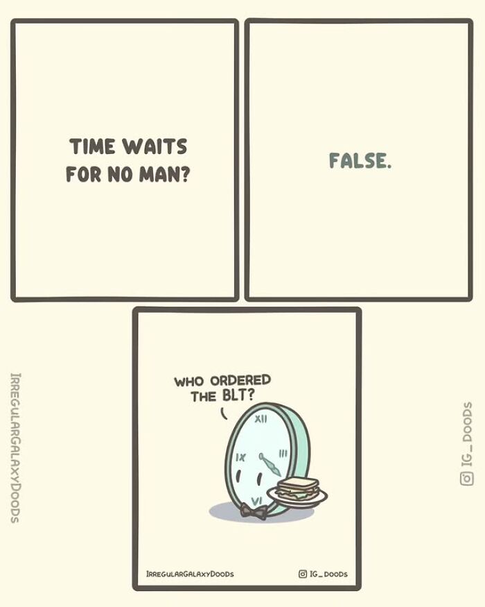 Comic panel from Irregular Galaxy Doods showing a clock character humorously asking who ordered the BLT sandwich.