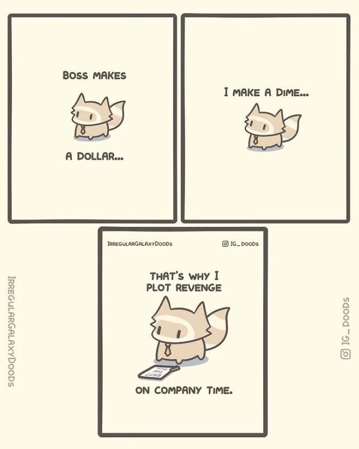 Cute and wholesome comic by Irregular Galaxy Doods showing a small fox plotting revenge during company time.