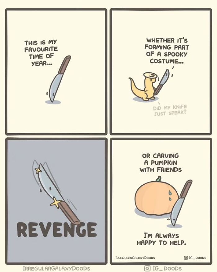 Cute comic panels by Irregular Galaxy Doods featuring a talking knife enjoying spooky costumes and pumpkin carving.