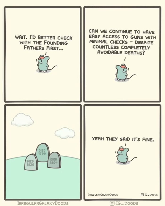Comic by Irregular Galaxy Doods featuring a mouse questioning easy gun access with minimal checks and avoidable deaths.