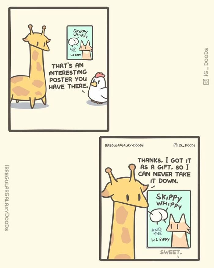 Cute comic by Irregular Galaxy Doods showing a giraffe and chicken discussing a poster in a wholesome scene.