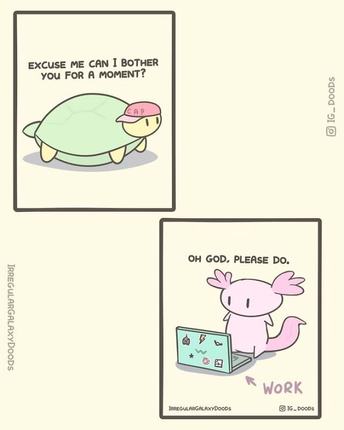 Cute comic panels by Irregular Galaxy Doods featuring a turtle asking for help and a pink creature working on a laptop.