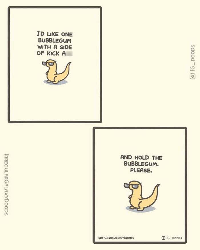 Cute comic featuring a small dinosaur character from Irregular Galaxy Doods with humorous bubblegum dialogue.