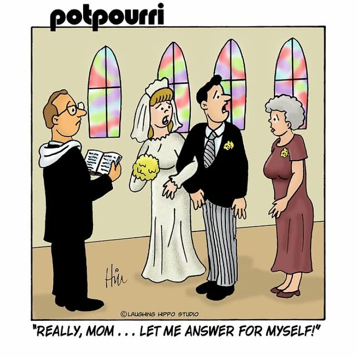 One-panel comic by Laughing Hippo Studio showing a bride telling her mom to let her answer for herself at wedding.