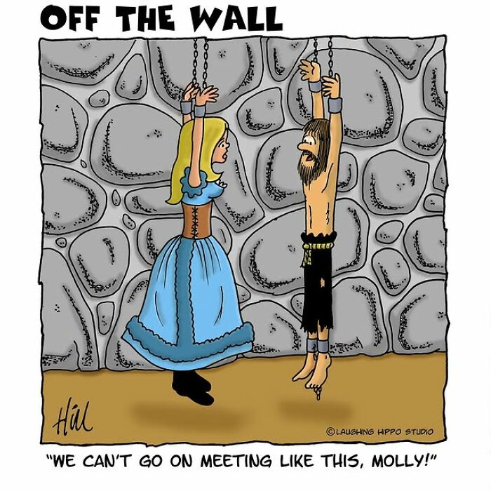 One-panel comic by Laughing Hippo Studio showing a humorous medieval scene with two characters chained to a stone wall.