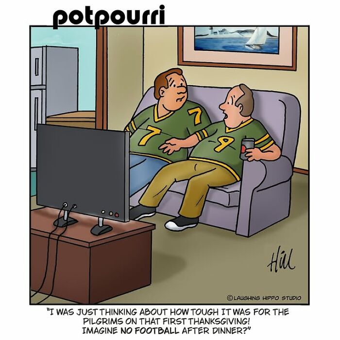 One-panel comic by Laughing Hippo Studio showing two men in matching football jerseys discussing Thanksgiving humor.