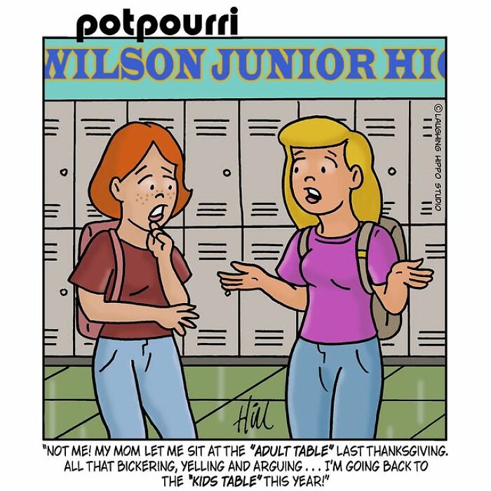 Two girls in a humorous one-panel comic by Laughing Hippo Studio, chatting in a school hallway with lockers behind them.