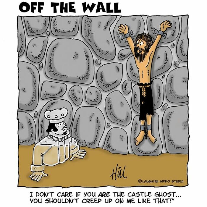 One-panel comic by Laughing Hippo Studio showing a startled chef and a man hanging on a stone wall.