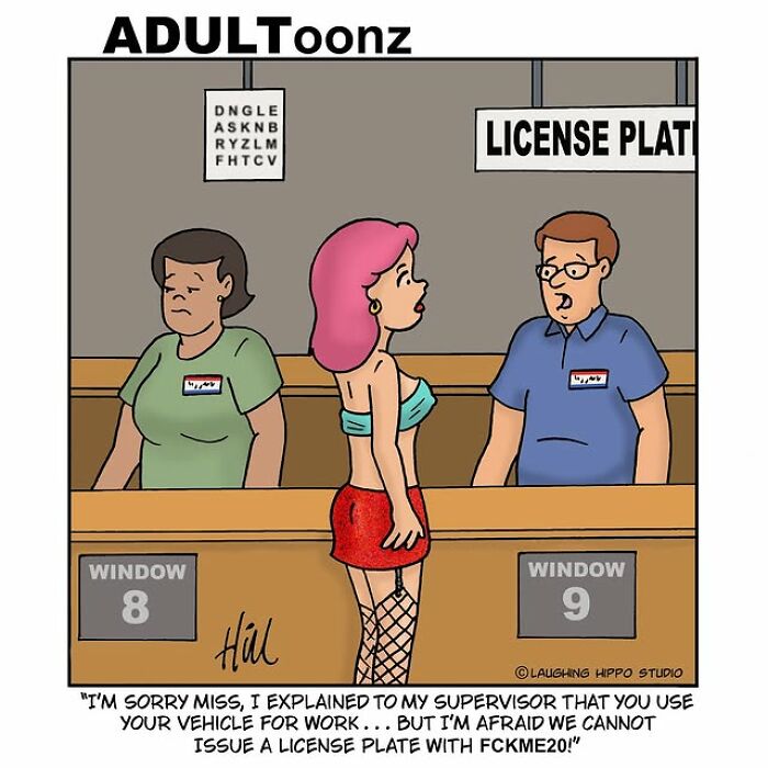 One-panel comic by Laughing Hippo Studio showing a humorous license plate office scene with a quirky customer.