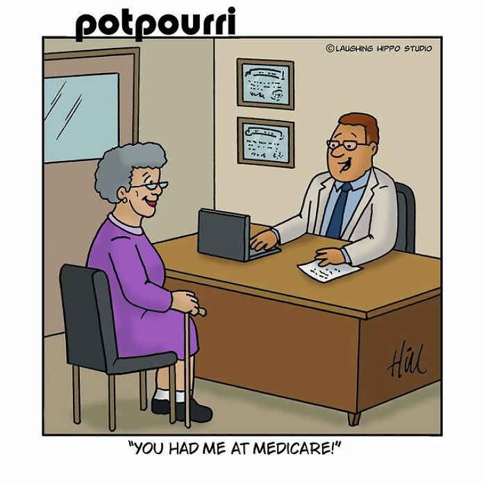 Elderly woman consulting doctor in a comedic one-panel comic by Laughing Hippo Studio with humor and silly situations.