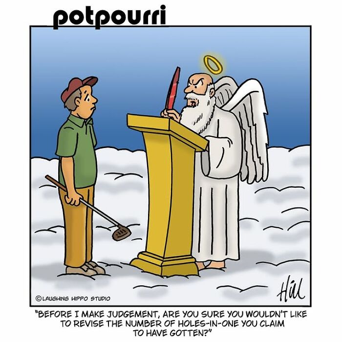 One-panel comic by Laughing Hippo Studio showing an angel questioning a golfer about holes-in-one claims in humor-filled scene.
