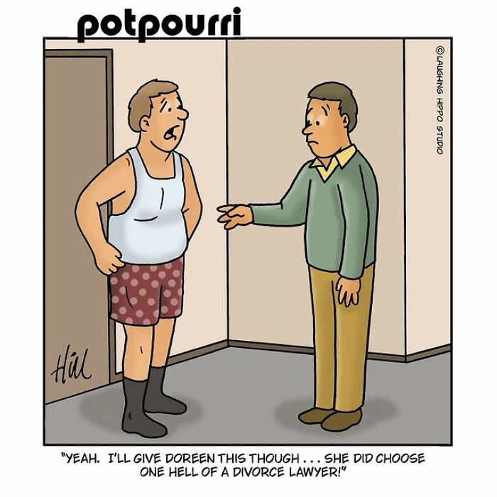 Two men in a humorous one-panel comic by Laughing Hippo Studio discussing a divorce lawyer in a silly situation.