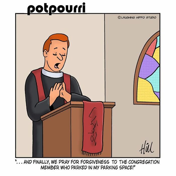 Cartoon by Laughing Hippo Studio showing a humorous one-panel comic with a priest praying in a church setting.