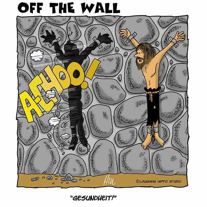 One-panel comic by Laughing Hippo Studio showing a man sneezing and hitting the stone wall in a humorous scene.
