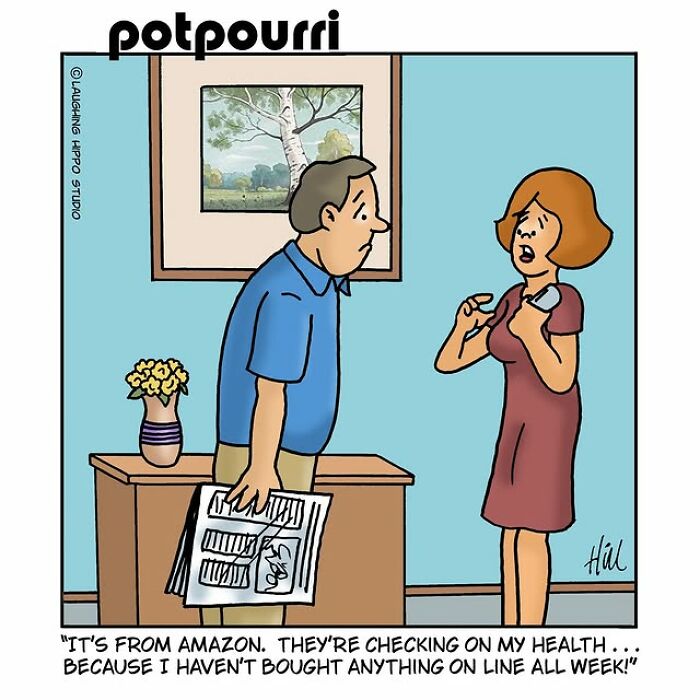 One-panel comic by Laughing Hippo Studio showing a man and woman discussing online shopping and health checks.