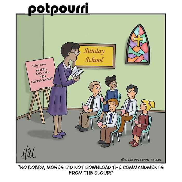 One-panel comic showing a Sunday school teacher humorously explaining the Ten Commandments to children.