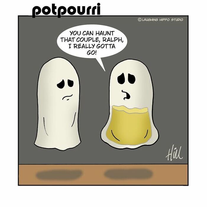 One-panel comic by Laughing Hippo Studio showing two humorous ghost characters in a silly situation.