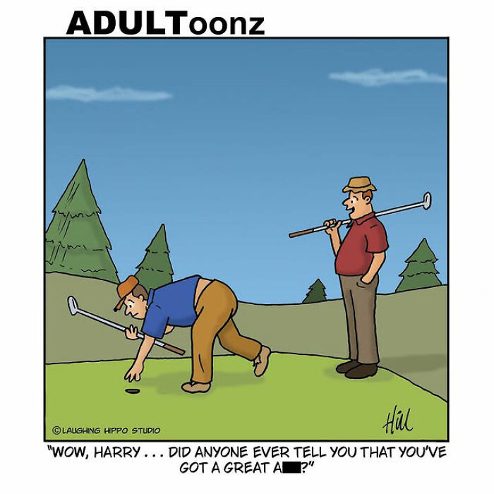 Golf comic by Laughing Hippo Studio showing humorous one-panel cartoon with silly golf situation and two players on course.