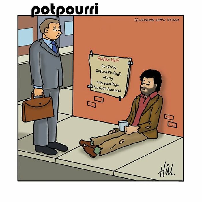 One-panel comic by Laughing Hippo Studio showing humorous street scene with a man asking for help without cash.